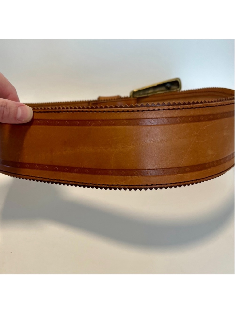 MINORONZONI Italian Vintage Leather Belt, Caramel Tan, Large Western Buckle, XL - Picture 9 of 13